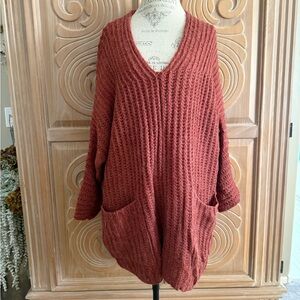 Free People Cozy Oversized V-Neck Knit Sweater - Rust  Size Small.